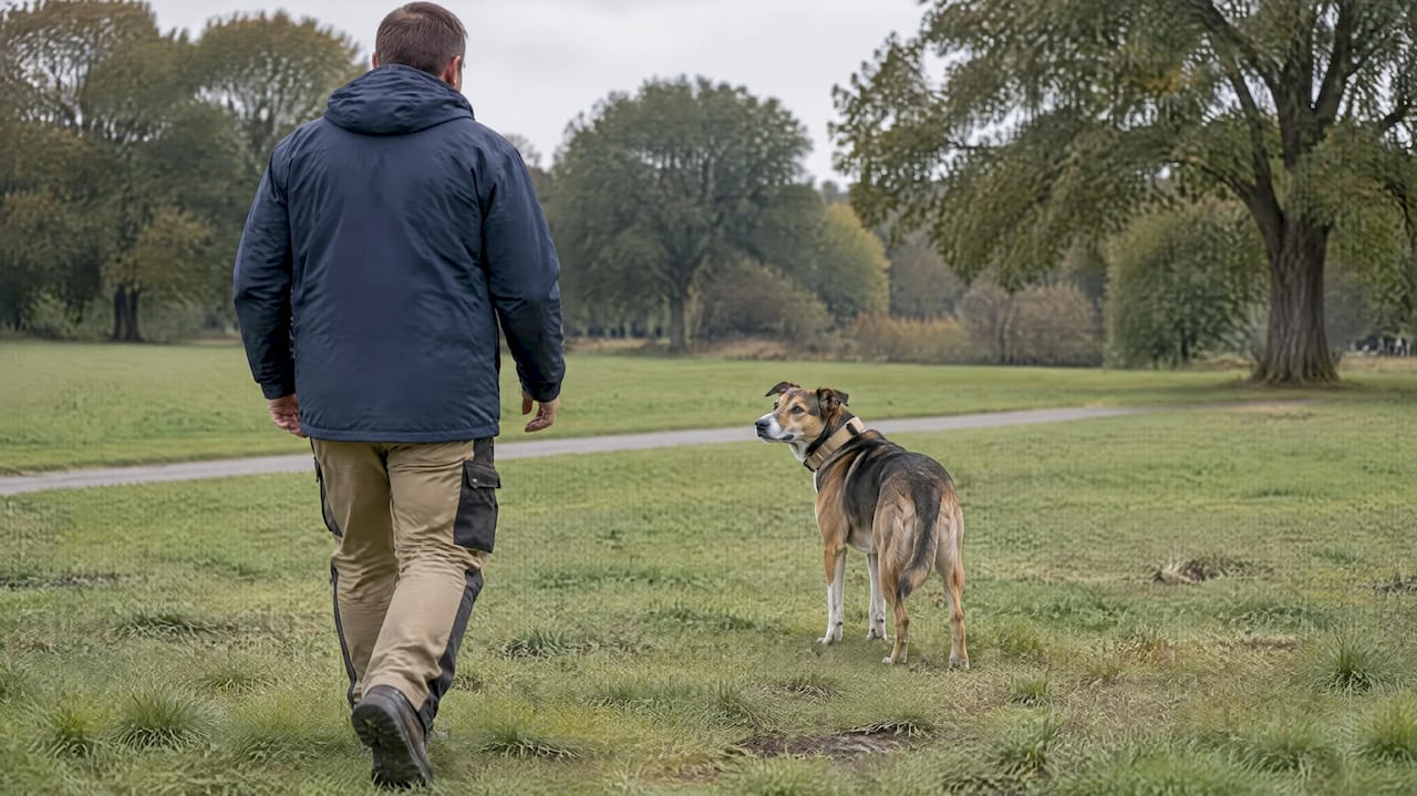 Dog turning back during supervised recall practice