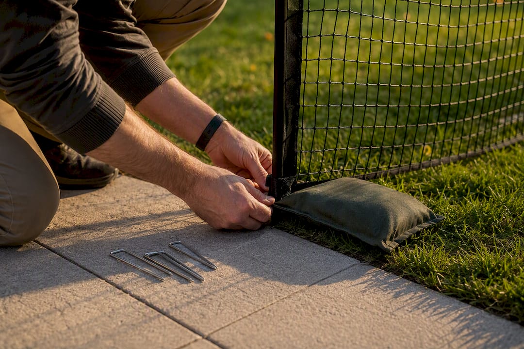 Hands securing temporary mesh fence anchor