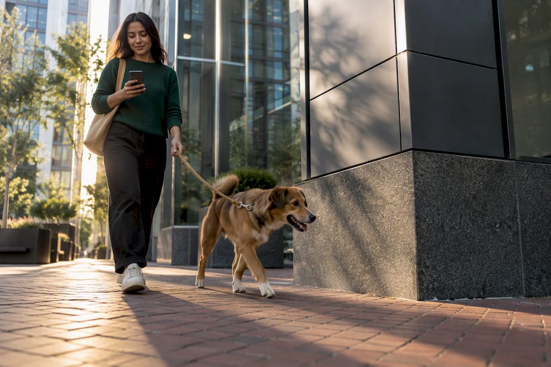 Dog walking near urban buildings