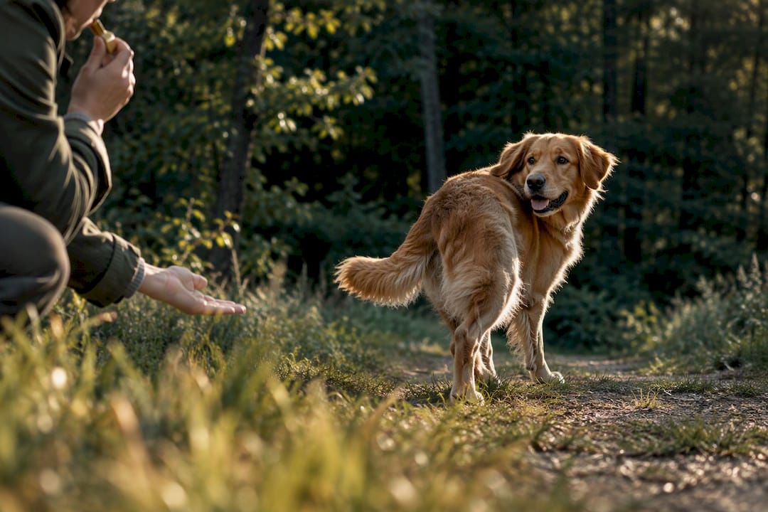 Dog turning toward a recall whistle