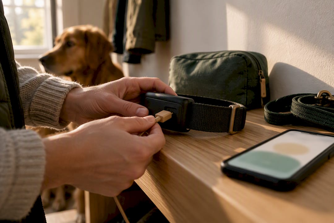 Owner checking GPS collar charging connection