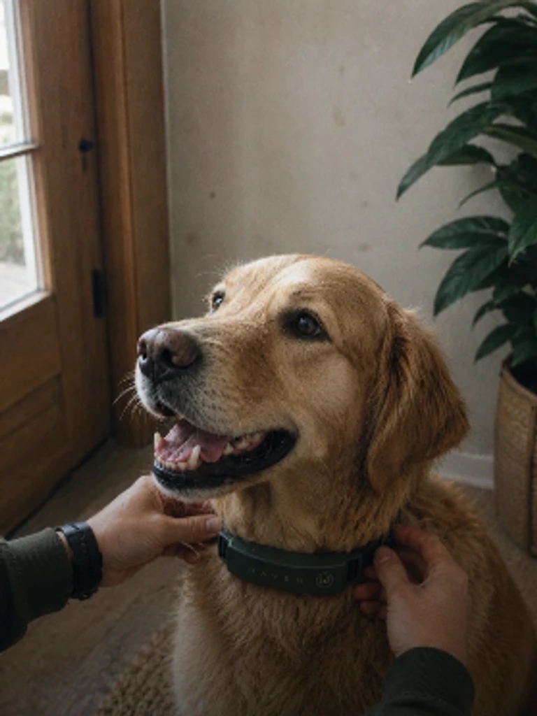 Golden retriever having its collar adjusted beside a doorway