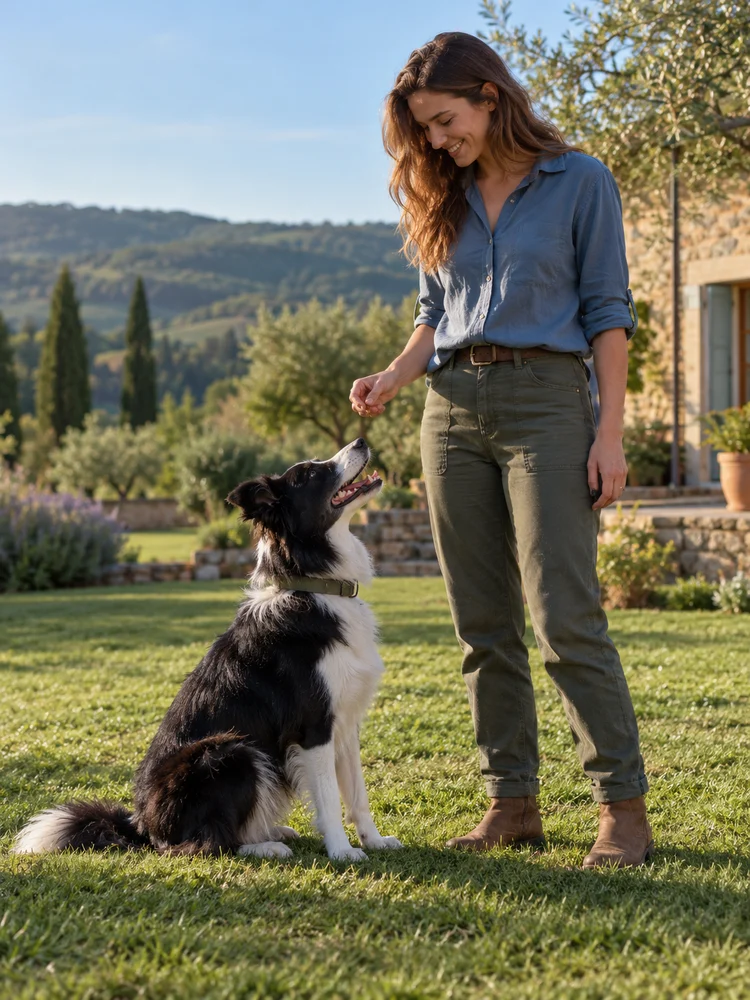 Woman rewarding an attentive border collie during a garden training session