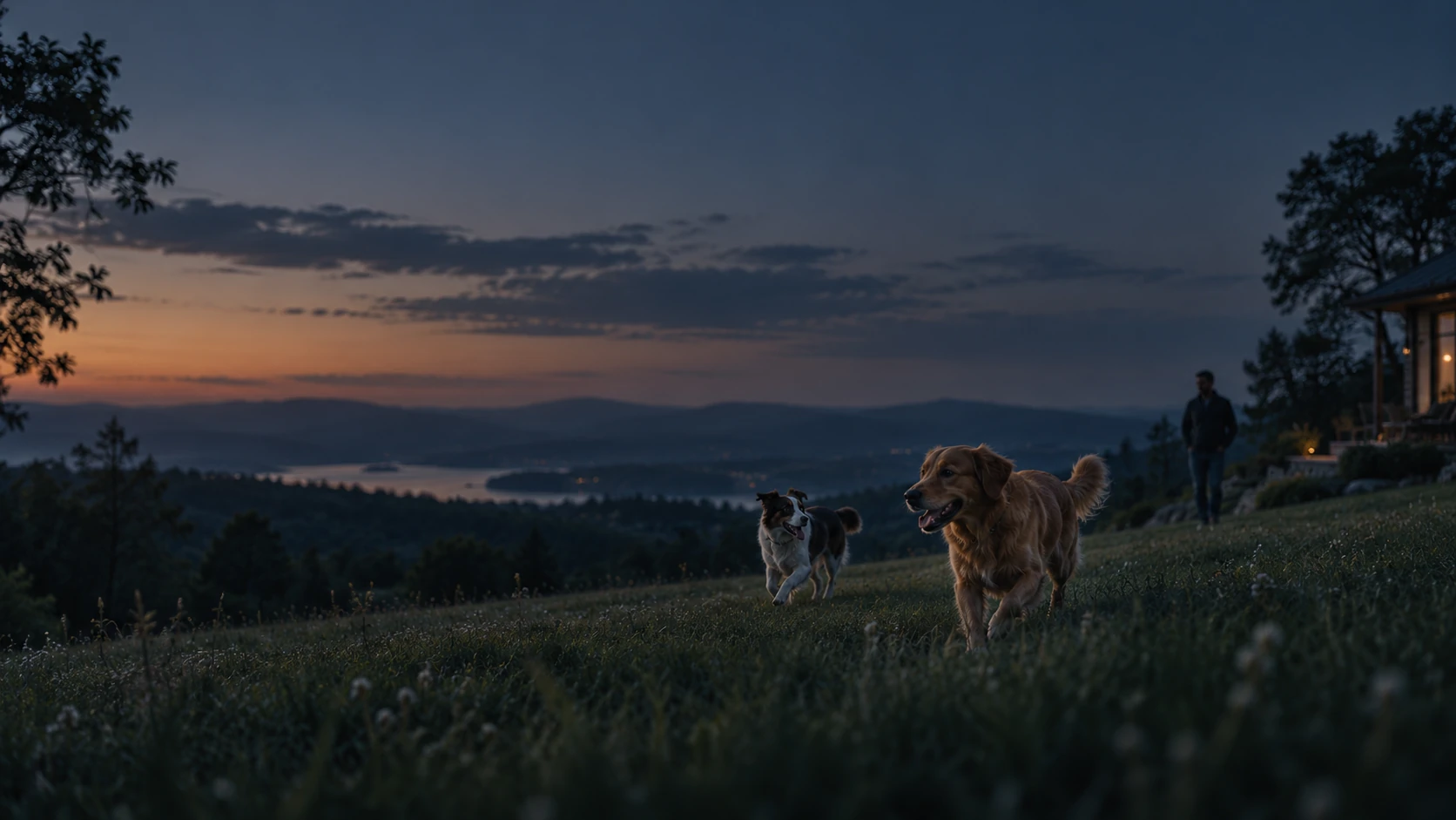 Happy dog running through a mountain meadow at sunrise