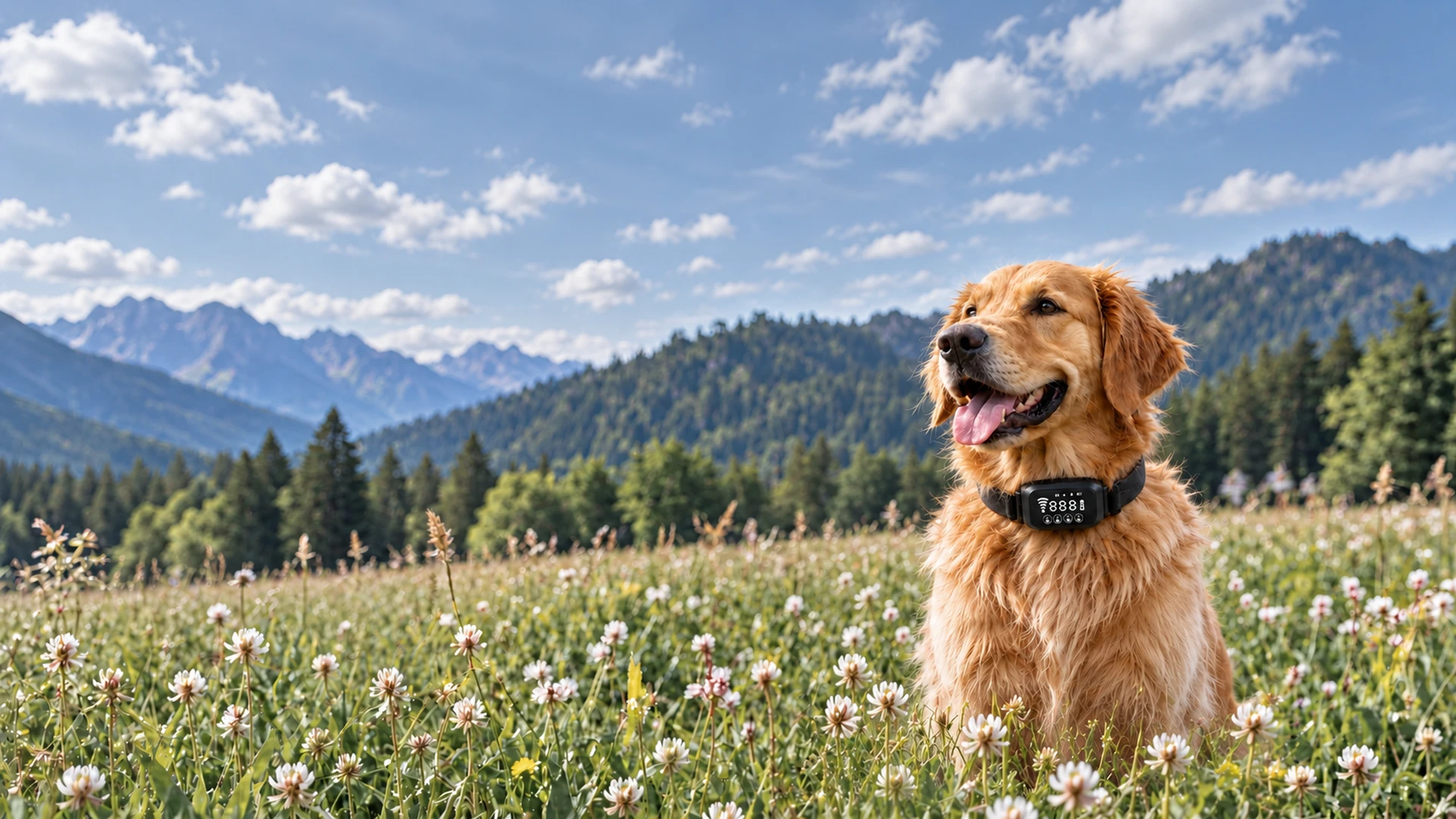 Golden retriever wearing a NAXWAVE collar in an open field at golden hour